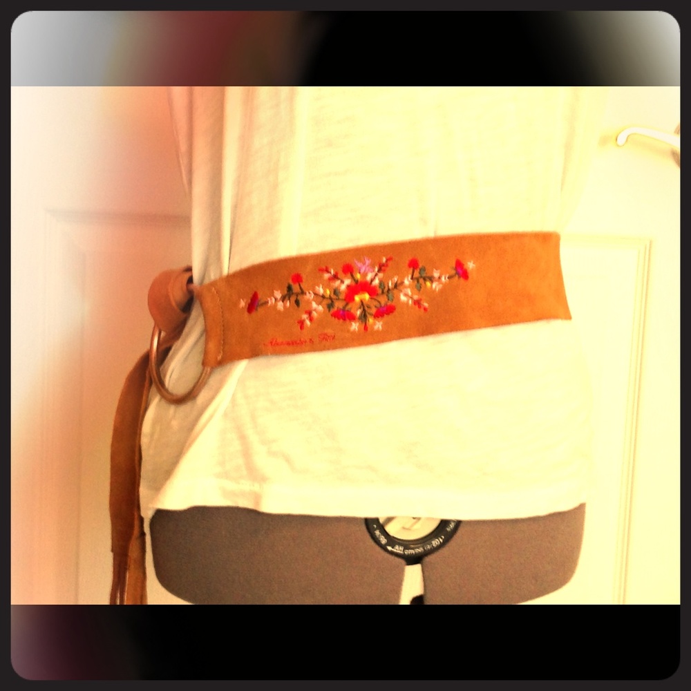 Abercrombie Suede embroidered sash fringe belt.